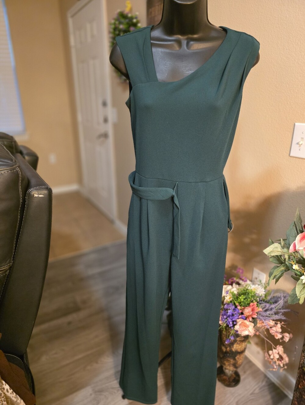 Enfocus Studio Dark Teal Sleeveless Belted Wide-Leg Jumpsuit